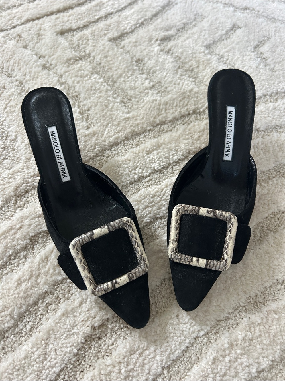 Manolo Blahnik Black Suede Pointed Mules with Snakeskin Buckles
